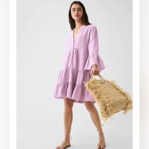 Faherty Dress Organic Cotton S Kasey Purple Gauze Tiered Bell Sleeve Cottagecore